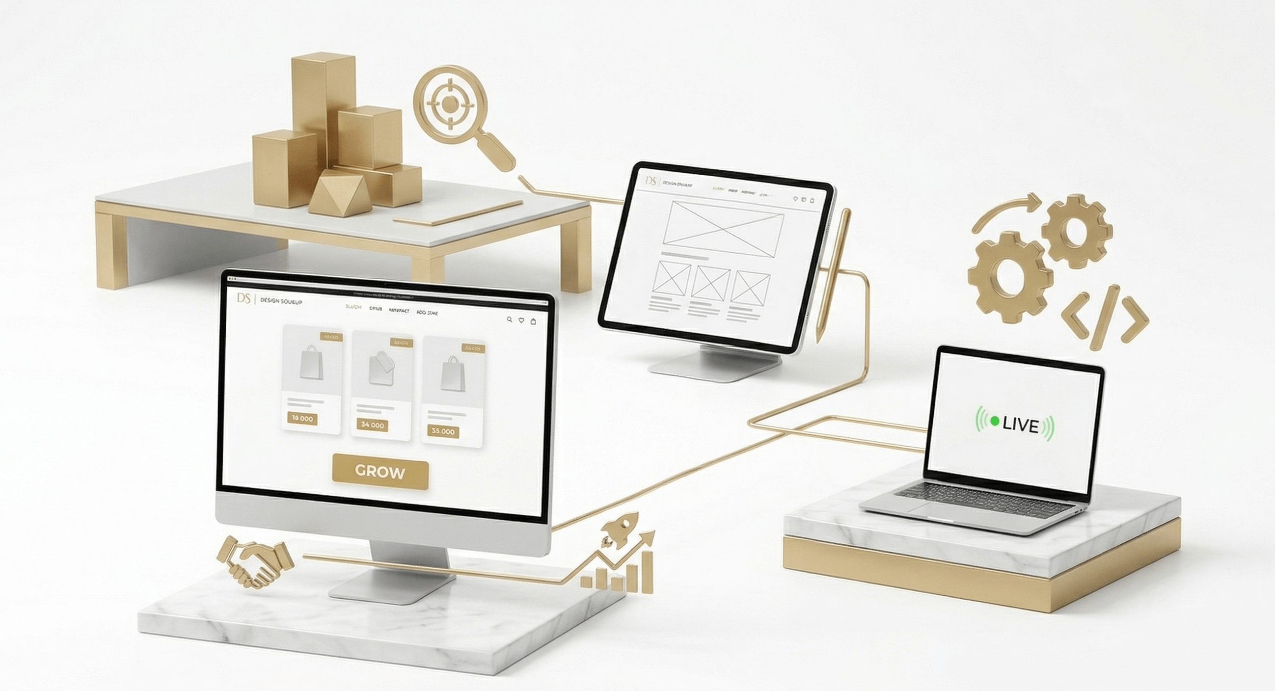 Přehledný proces spolupráce při tvorbě e-shopu od úvodní analýzy až po úspěšné spuštění projektu.